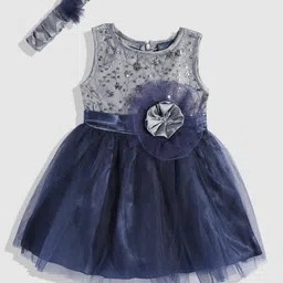 YK Floral Ruffled Net Fit & Flare Dress with Hairband-image-74