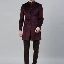V Dot Men Purple & Brown Skinny Fit Solid Velvet Bandhgala Party Suit-image-52