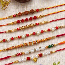 eCraftIndia Unisex Set Of 7 Beaded Rudraksha Charm Rakhi with Roli & Charm-image-61