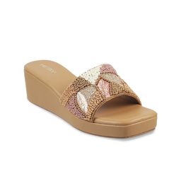 Metro Gold-Toned Printed Flatform Mules-20