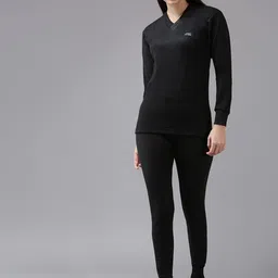 Lux Cottswool Women Black Solid V-Neck Wool Thermal Set-image-11