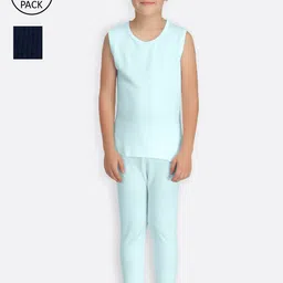 Kanvin Boys Turquoise Blue & Navy Blue Set Of 2 Self Striped Thermal Set-9