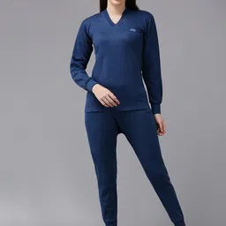 Lux Cottswool Women Blue Solid V-Neck Woolen Thermal Set-image-15