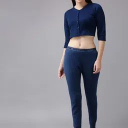 Lux Cottswool Women Plus Size Teal Blue Solid Wool Thermal Top & Bottom-picture-11