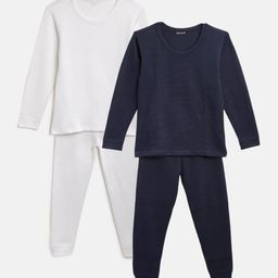 Kanvin Boys White & Navy Blue Pack of 2 Solid Thermal Set-42