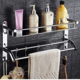 High Grade Stainless Steel Multipurpose Bathroom Shelf with Towel Holder/Towel Hooks/Bathroom Accessories Wall-Mount (Silver) Stainless Steel Wall Shelf (Number of Shelves - 1, Silver) STEEL Towel Holder-image-42
