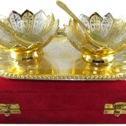 3.5 Inch Gold-Silver Plated Two Lotus Design Tray, Bowl, Spoon Serving Set-image-1