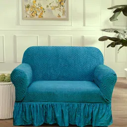 Cortina Blue Solid Jacquard 1 Piece Sofa Cover With Arms-image-64