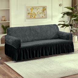 Cortina Grey Solid Jacquard 1 Piece Sofa Cover With Arms-8