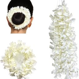 5 Pcs Premium Soft Fabric Handmade Artificial Flower White Color String Gajra Hair Band-image-90
