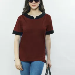 Women Solid Round Neck Cotton Blend Maroon T-Shirt-image-15