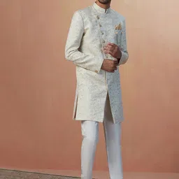 Manyavar Self Design Mandarin Collar Raw Silk Sherwani Set-picture-51