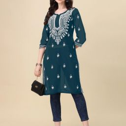 Women Chikan Embroidery Georgette A-line Kurta-image-35
