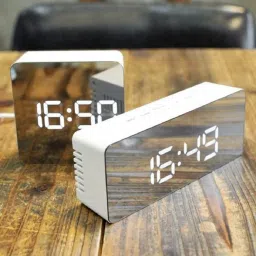 buffy Digital Mirror Finish Clock With Dual Power Option (Rectangular), White Clock image 3