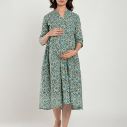 CRAFIQA Grey Floral Maternity & Nursing Cotton A-Line Midi Dress-picture-40