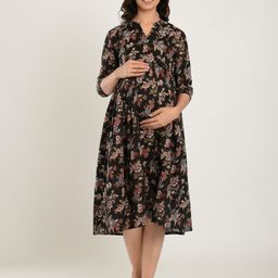 CRAFIQA Black Floral Maternity & Nursing Cotton A-Line Midi Dress-image-99