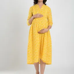 CRAFIQA Women Yellow Floral Maternity & Nursing Cotton Midi Dress-picture-28