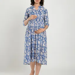 CRAFIQA Women Blue Floral Print Maternity & Nursing Cotton Midi Dress-image-34