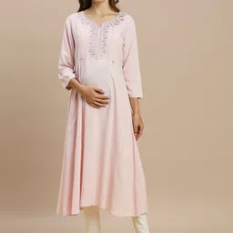 MomToBe Floral Yoke Designed Thread Work Anarkali Maternity Kurta-picture-17