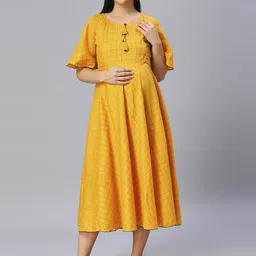 DUMMY SHAPE Checked Flared Sleeves Pure Cotton Maternity Maxi A-Line Dress-image-3
