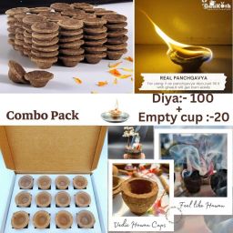 Cow Dung Diya 100pc and Cow Dung Empty Dhoop 20pc Total 120pcs Cow Dung (Pack of 120) Table Diya Set-image-4