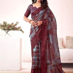 Geometric Print Bollywood Cotton Blend Saree-image-2