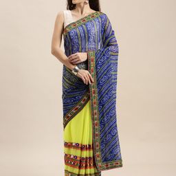 Mitera Blue & Yellow Pure Georgette Bhandhini Printed Kutchi Embroidered Saree-picture-33