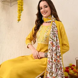 KEOSA Floral Embroidered Mirror Work Straight Kurta With Trousers & Dupatta-37