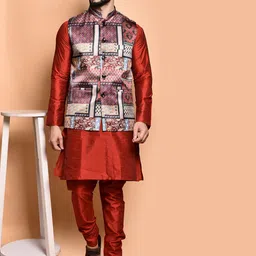 PRINTINDIA Mandarin Collar Pure Silk Straight Kurta with Trousers & Nehru Jacket-picture-31
