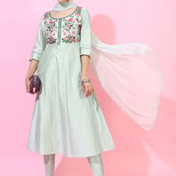 Vishudh Women Green Floral Yoke Design Empire Kurta with Trousers & With Dupatta-picture-27