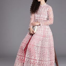 Inddus Women Pink & White Embroidered High Slit Thread Work Kurta with Trousers-image-91