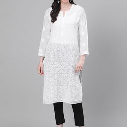 ADA Women White & Black Chikankari Embroidered Sustainable Handloom Kurta with Trousers-image-42