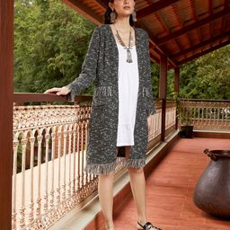AND Women Black & White Self Design Tassled Longline Open Front Shrug-30
