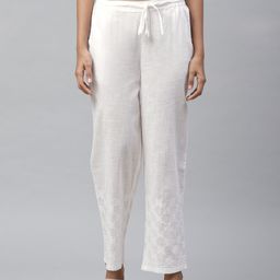 akheri Women White Tapered Fit Mukaish Work Chikankari Embroidered Detail Regular Trousers-57