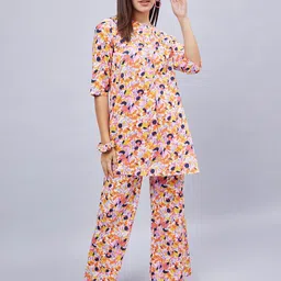 WineRed Abstract Printed Round Neck Pure Cotton Top With Trouser & Scrunchie-26