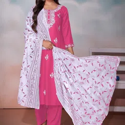 Label Khoj Floral Embroidered Regular Thread Work Kurta with Trousers & Dupatta image 1