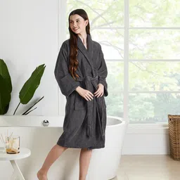 SENSES Grey Women Plush Soft Terry Cotton Bath Robe-image-48
