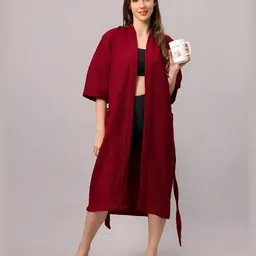 HotGown Maroon Waffle Textured Cotton Bath Robe-picture-30