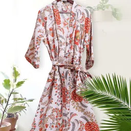 HotGown Women White & Orange Floral Printed Pure Cotton Bath Robe-picture-49