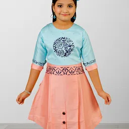ZOOBA Girls Turquoise Blue & Peach-Coloured Floral Colourblocked Dress-image-42