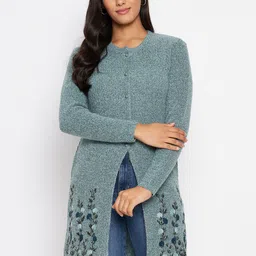 CLAPTON Floral Embroidered Woollen Longline Cardigan Sweaters-image-56