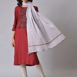 W Purple & Red Thread Work Tasseled Pure Cotton Dupatta-29