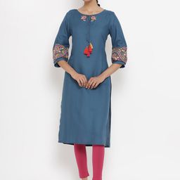 W Women Teal Flared Sleeves Thread Work Kurta-picture-43