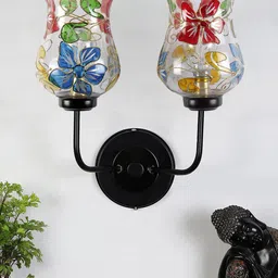 Devansh Transparent & Red Dual Mosaic Glass Shade Wall Mounted Lamp with Iron Base-25