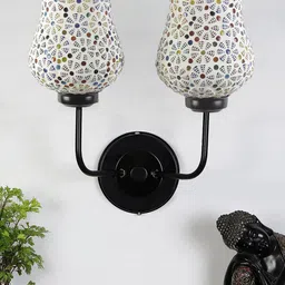 Devansh White & Yellow Dual Mosaic Glass Shade Wall Mounted Lamp with Iron Base-16