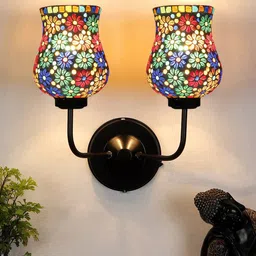 Devansh White & Green Dual Mosaic Glass Shade Wall Mounted Lamp with Iron Base-image-5