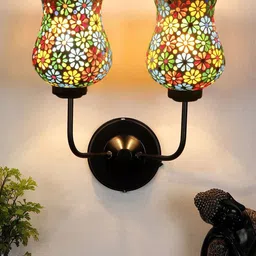Devansh White & Blue Dual Mosaic Glass Shade Wall Mounted Lamp with Iron Base-36