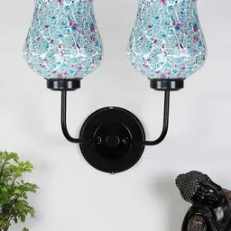 Devansh White & Blue Dual Mosaic Glass Shade Wall Mounted Lamp with Iron Base-12