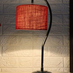 Devansh Maroon & Black Textured Jute Curvy Table Lamp With Iron Base image 5