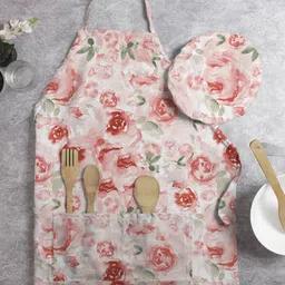 HOUZZCODE Orange Floral Printed Apron & Cap image 1